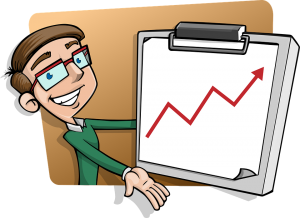 A cartoon man is pointing at a clipboard that displays a rising graph representing SEO statistics.