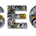 The letters "SEO" filled with various mechanical gears and cogs.
