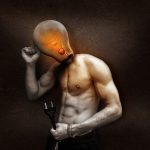 A muscular man with a glowing lightbulb as his head, symbolizing an idea of creativity and brainstorming.