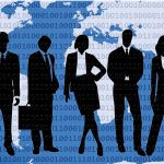 Silhouettes of five business professionals standing in front of a world map.