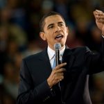 A photo of President Obama talking about his campaign.