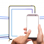 A hand is holding a smartphone, setting up connections on three tablets in the background.