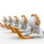 Five humanoid figures are wearing headphones and working on optimizing businesses through SEO.