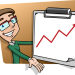 A cartoon man is pointing at a clipboard that displays a rising graph representing SEO statistics.