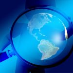 A humanoid figure holding a magnifying glass focusing on a view of the Earth.