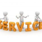 Three white humanoid figures interacting with large, orange letters spelling "SERVICE".
