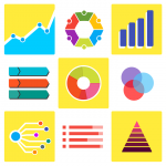 An infographics of nine colorful icons including line graphs, bar charts, pie charts, and diagrams.