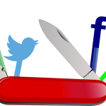 A red Swiss Army knife with its tools replaced by social media icons including Twitter and Facebook.