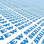 The words 'NEW SKILLS' repeated multiple times in blue text, emphasizing the importance of learning online skills.